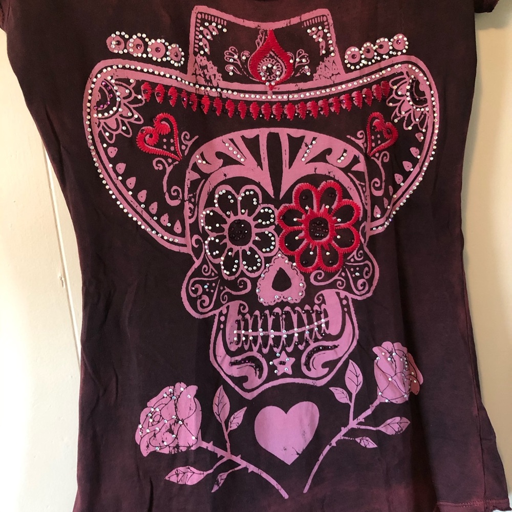 Sugar Skull with Cowboy Hat Sparkly Tee